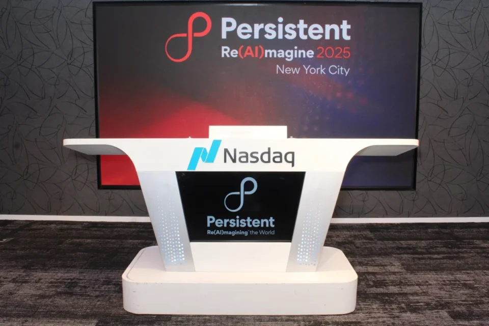 Photo booth activation at Nasdaq MarketSite NYC for Persistent Systems conference